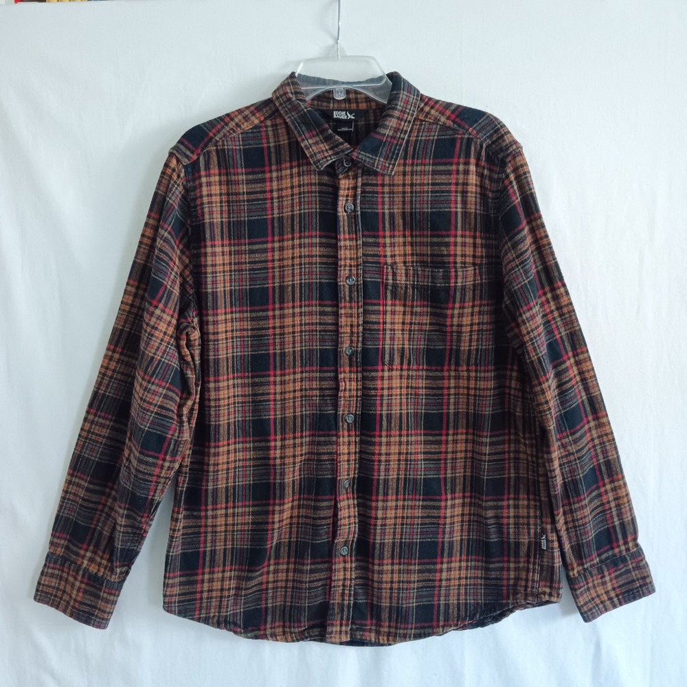 Eddie Bauer Flannel Shirt Mens L Black Gold Red Long Sleeve Cotton